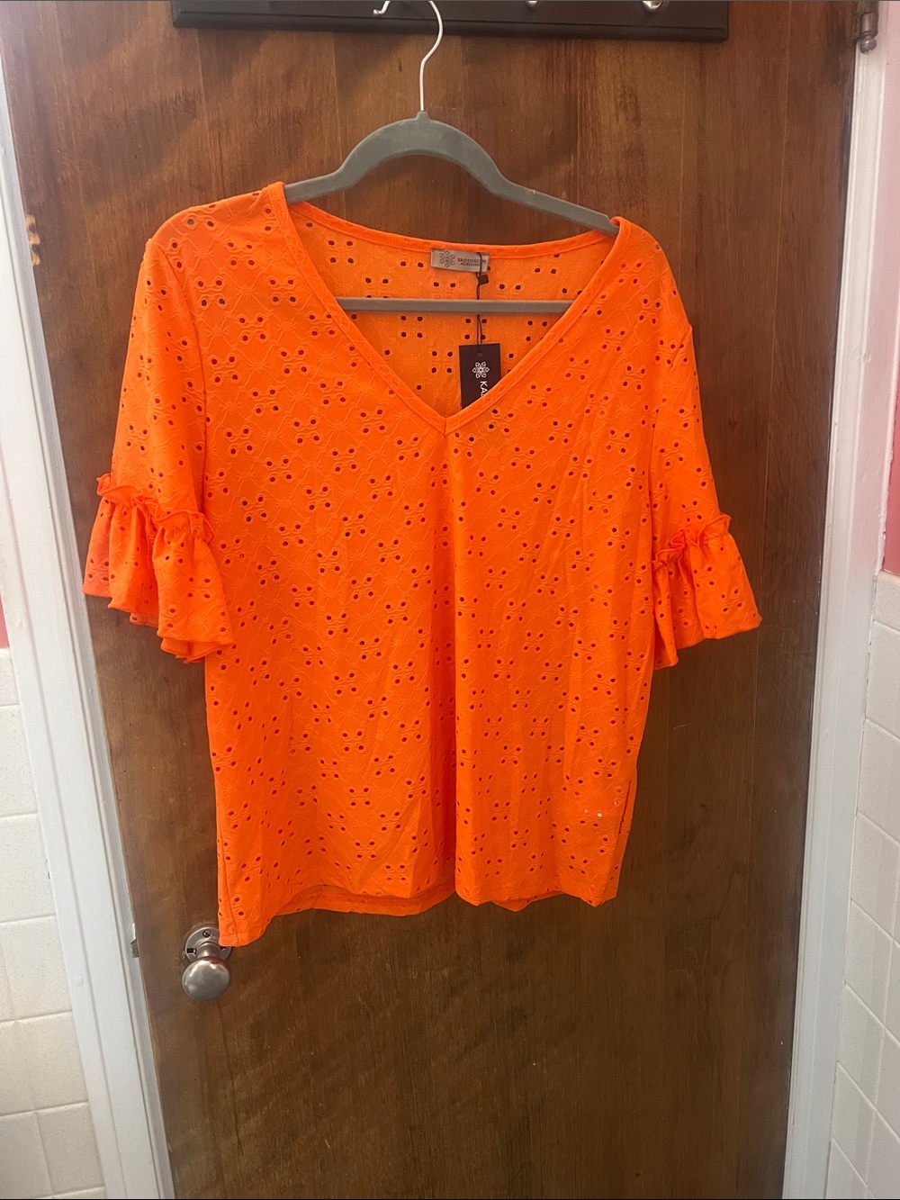 Bright Orange Eyelet V-Neck Ruffle Sleeve Top